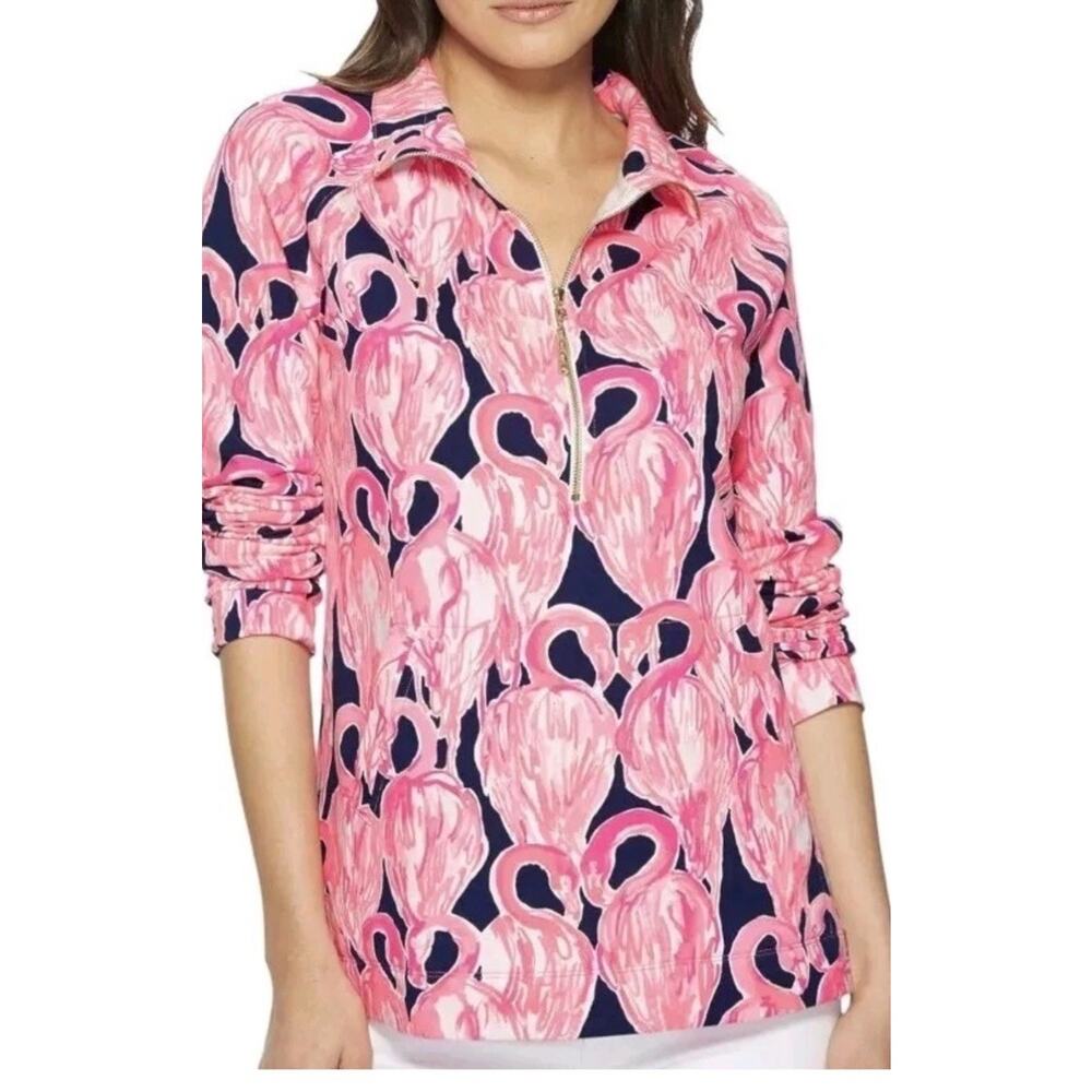 Lilly Pulitzer UPF 50+ Skipper Popover Hot Pink Flamingo Print Via Amor Small